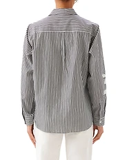Karen Kane Woven Yarn Dye Stripe Floral Embroider Point Collar Long Sleeve Button Front Shirt