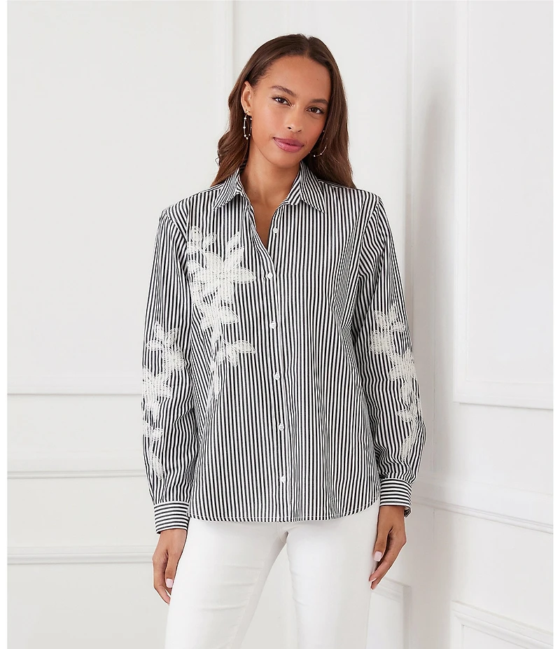 Karen Kane Woven Yarn Dye Stripe Floral Embroider Point Collar Long Sleeve Button Front Shirt