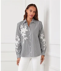 Karen Kane Woven Yarn Dye Stripe Floral Embroider Point Collar Long Sleeve Button Front Shirt