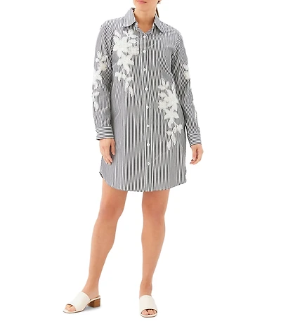 Karen Kane Yarn Dye Stripe Floral Embroidered Point Collar Long Roll-Tab Sleeve Button Front Shirtdress