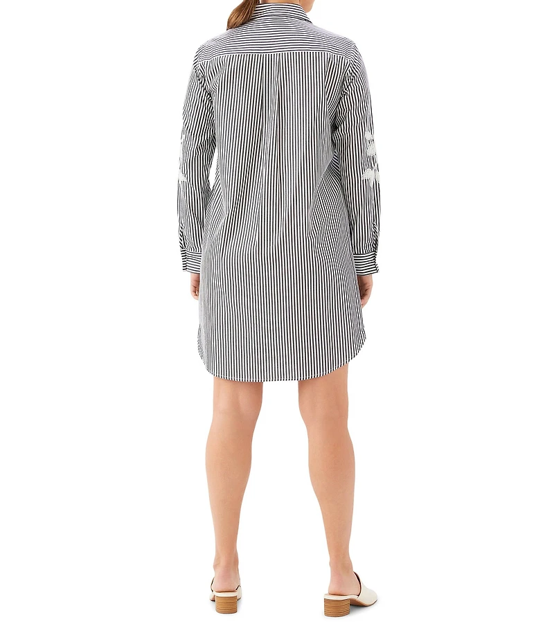 Karen Kane Yarn Dye Stripe Floral Embroidered Point Collar Long Roll-Tab Sleeve Button Front Shirtdress