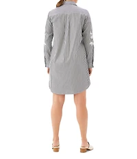 Karen Kane Yarn Dye Stripe Floral Embroidered Point Collar Long Roll-Tab Sleeve Button Front Shirtdress