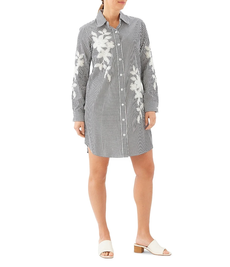 Karen Kane Yarn Dye Stripe Floral Embroidered Point Collar Long Roll-Tab Sleeve Button Front Shirtdress
