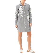 Karen Kane Yarn Dye Stripe Floral Embroidered Point Collar Long Roll-Tab Sleeve Button Front Shirtdress