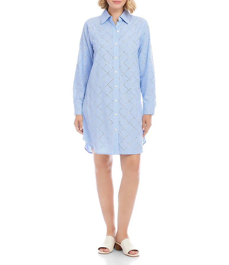Karen Kane Yarn-Dyed Stripe Embellished Point Collar Long Roll-Tab Sleeve Button Front Shirt Dress