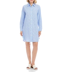 Karen Kane Yarn-Dyed Stripe Embellished Point Collar Long Roll-Tab Sleeve Button Front Shirt Dress