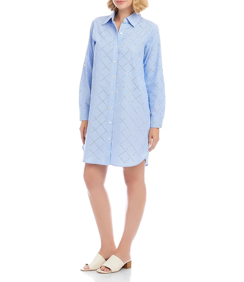 Karen Kane Yarn-Dyed Stripe Embellished Point Collar Long Roll-Tab Sleeve Button Front Shirt Dress