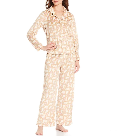 Karen Neuburger Cat Print Fleece Notch Collar Long Sleeve 3-Piece Pajama Set