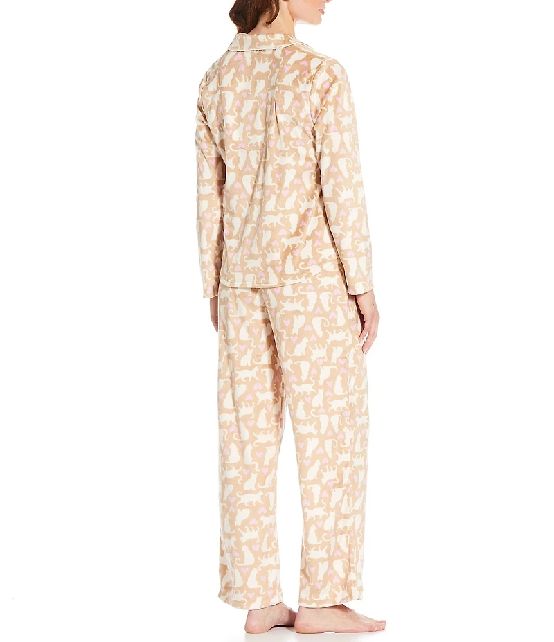 Karen Neuburger Cat Print Fleece Notch Collar Long Sleeve 3-Piece Pajama Set