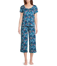 Karen Neuburger Cool Touch Jersey Knit Short Sleeve Split Round Neck Brocade Floral Print Bermuda Short Pajama Set
