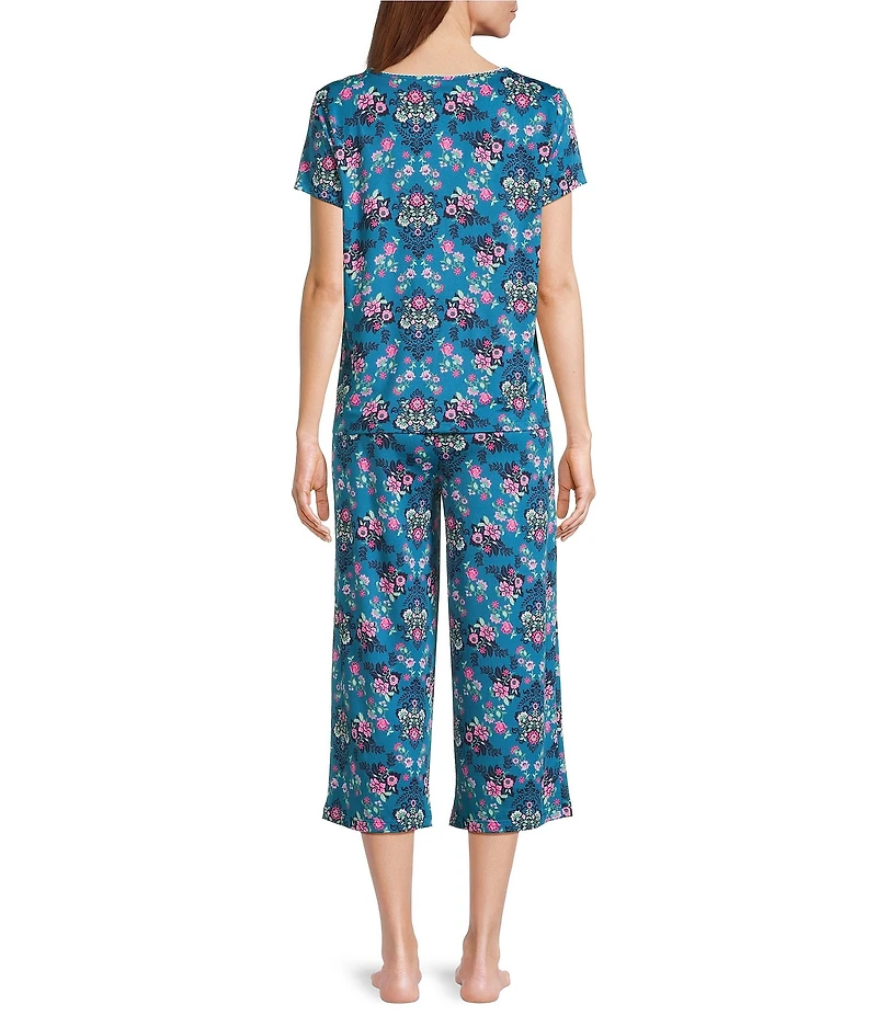 Karen Neuburger Cool Touch Jersey Knit Short Sleeve Split Round Neck Brocade Floral Print Bermuda Short Pajama Set