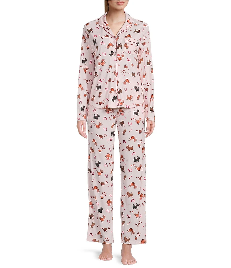 Karen Neuburger Long Sleeve Notch Collar Apple Orchard Scottie Printed Knit Girlfriend Pajama Set