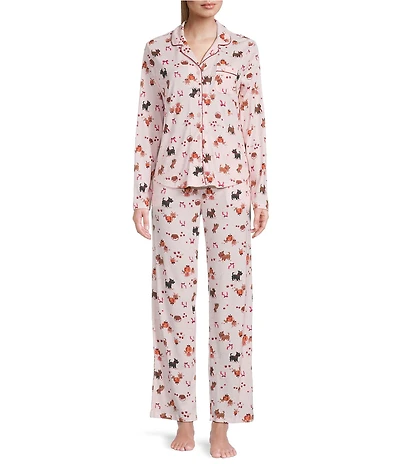 Karen Neuburger Long Sleeve Notch Collar Apple Orchard Scottie Printed Knit Girlfriend Pajama Set