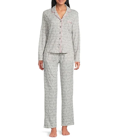 Karen Neuburger Long Sleeve Notch Collar Brocade Vines Printed Knit Girlfriend Pajama Set