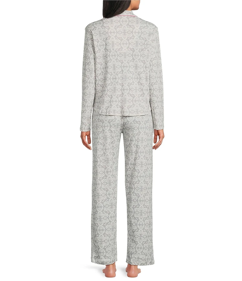 Karen Neuburger Long Sleeve Notch Collar Brocade Vines Printed Knit Girlfriend Pajama Set