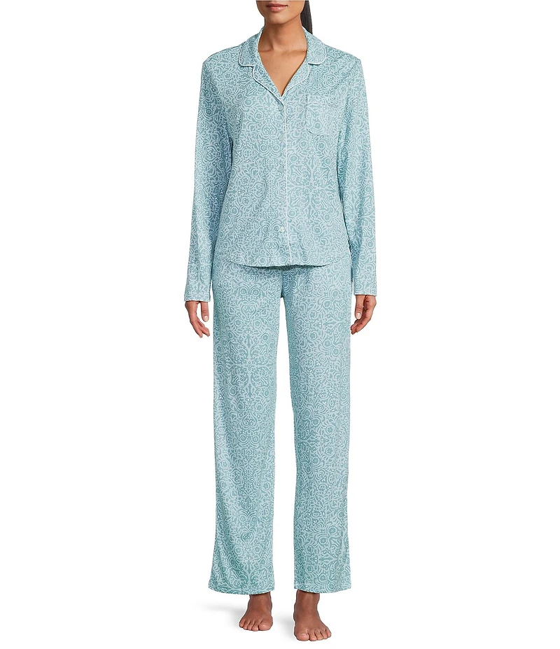 Karen Neuburger Long Sleeve Notch Collar Medallion Printed Knit Girlfriend Pajama Set