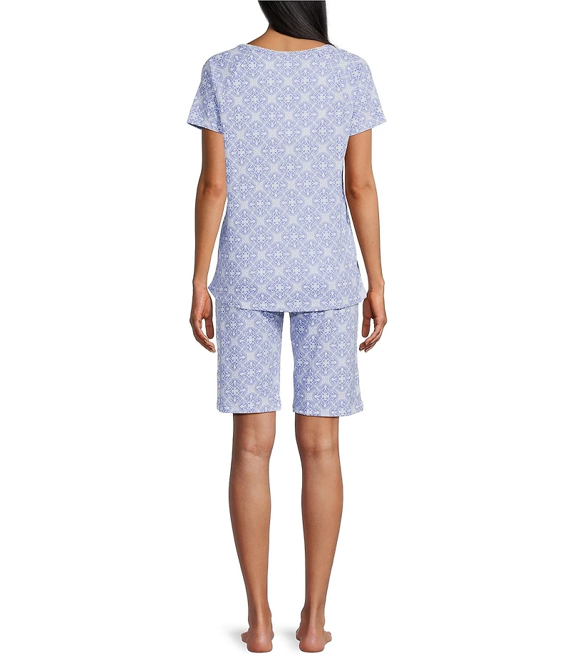 Karen Neuburger Short Sleeve Henley Neck Interlock Knit Medallion Geo Print Bermuda Short Pajama Set