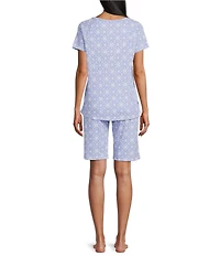 Karen Neuburger Short Sleeve Henley Neck Interlock Knit Medallion Geo Print Bermuda Short Pajama Set
