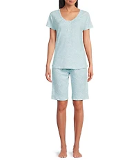 Karen Neuburger Short Sleeve Henley Neck Interlock Knit Paisley Medallion Print Bermuda Short Pajama Set