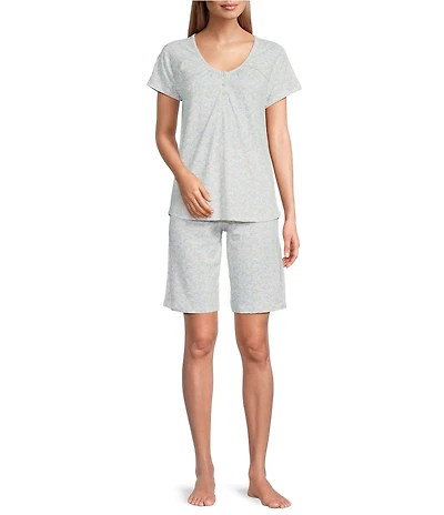 Karen Neuburger Short Sleeve Henley Neck Interlock Knit Spring Flowers Print Bermuda Short Pajama Set