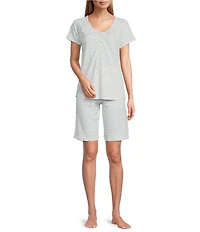 Karen Neuburger Short Sleeve Henley Neck Interlock Knit Spring Flowers Print Bermuda Short Pajama Set