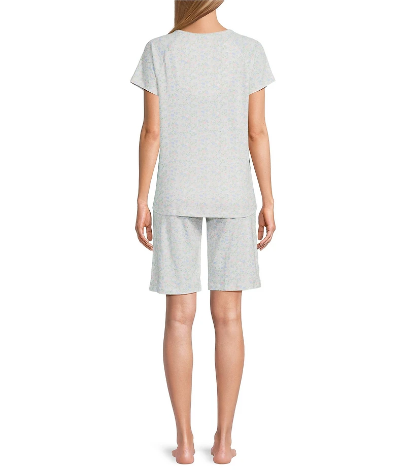 Karen Neuburger Short Sleeve Henley Neck Interlock Knit Spring Flowers Print Bermuda Short Pajama Set