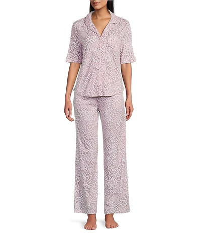 Karen Neuburger Short Sleeve Notch Collar Interlock Knit Animal Print Full-Length Pajama Set