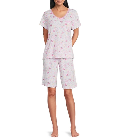 Karen Neuburger Short Sleeve V-Neck Brushed Interlock Knit Butterfly Print Bermuda Short Pajama Set