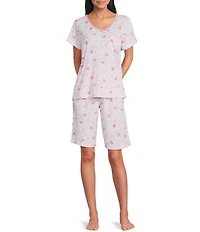 Karen Neuburger Short Sleeve V-Neck Brushed Interlock Knit Butterfly Print Bermuda Short Pajama Set