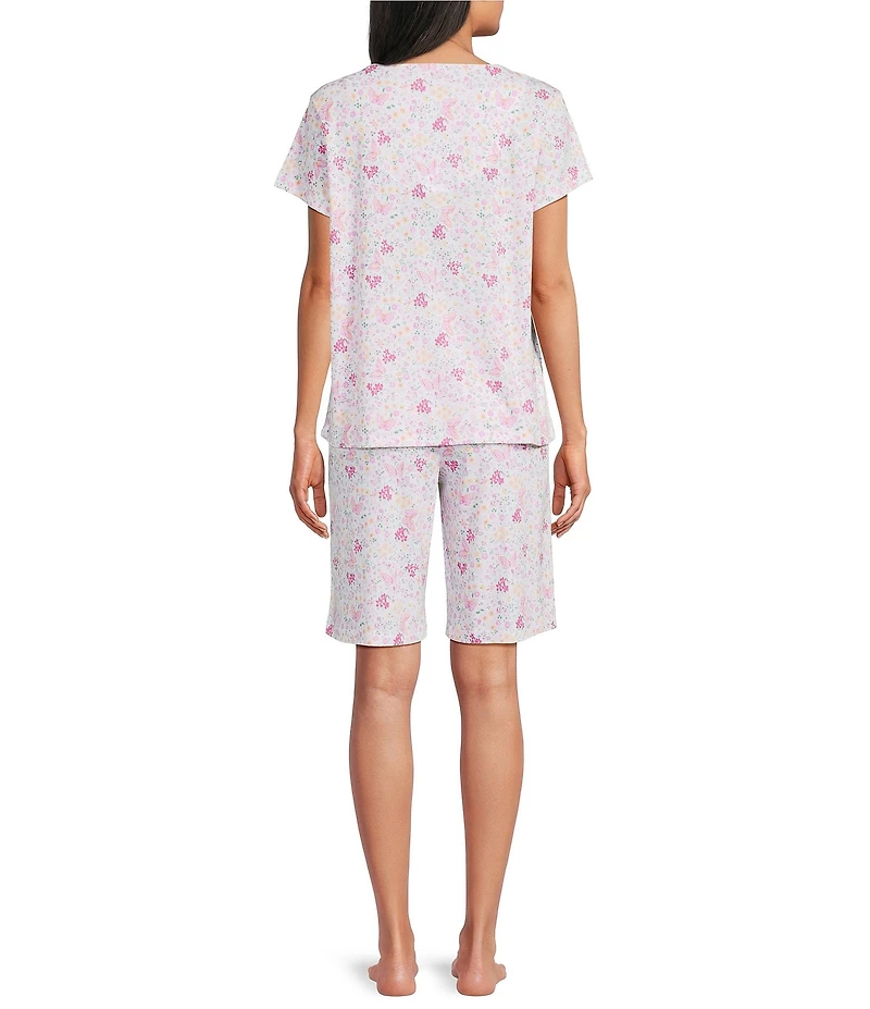 Karen Neuburger Short Sleeve V-Neck Brushed Interlock Knit Butterfly Print Bermuda Short Pajama Set