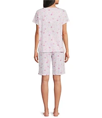 Karen Neuburger Short Sleeve V-Neck Brushed Interlock Knit Butterfly Print Bermuda Short Pajama Set