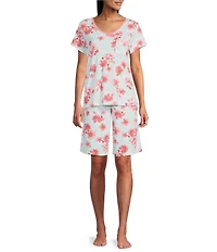 Karen Neuburger Short Sleeve V-Neck Brushed Interlock Knit Painted Floral Print Bermuda Short Pajama Set