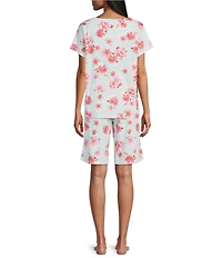 Karen Neuburger Short Sleeve V-Neck Brushed Interlock Knit Painted Floral Print Bermuda Short Pajama Set