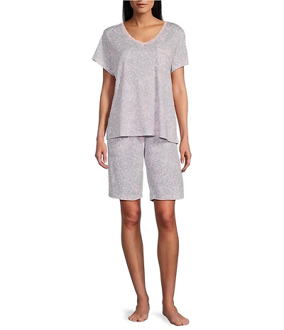 Karen Neuburger Short Sleeve V-Neck Brushed Interlock Knit Soft Medallion Print Bermuda Short Pajama Set