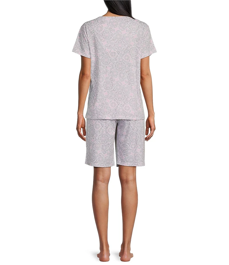Karen Neuburger Short Sleeve V-Neck Brushed Interlock Knit Soft Medallion Print Bermuda Short Pajama Set