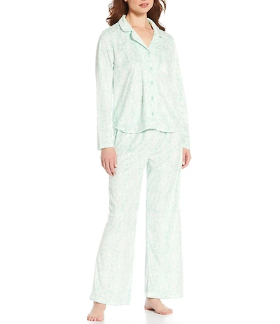 Karen Neuburger Winter Brocade Print Fleece Notch Collar Long Sleeve 3-Piece Pajama Set
