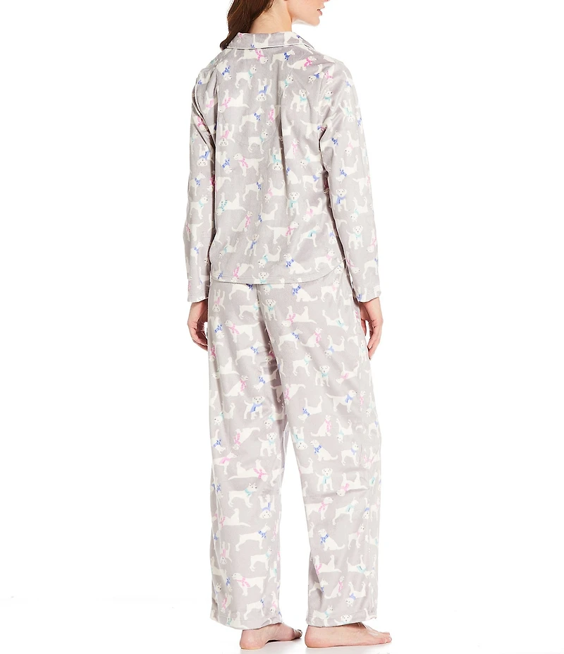 Karen Neuburger Winter Dog Print Fleece Notch Collar Long Sleeve 3-Piece Pajama Set