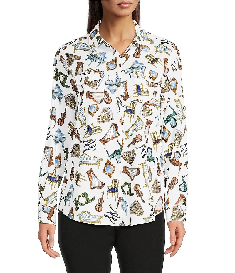 KARL LAGERFELD PARIS Woven Whimsy Printed Point Collar Long Sleeve Blouse