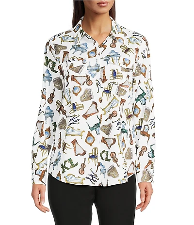 KARL LAGERFELD PARIS Woven Whimsy Printed Point Collar Long Sleeve Blouse