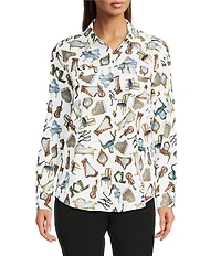 KARL LAGERFELD PARIS Woven Whimsy Printed Point Collar Long Sleeve Blouse