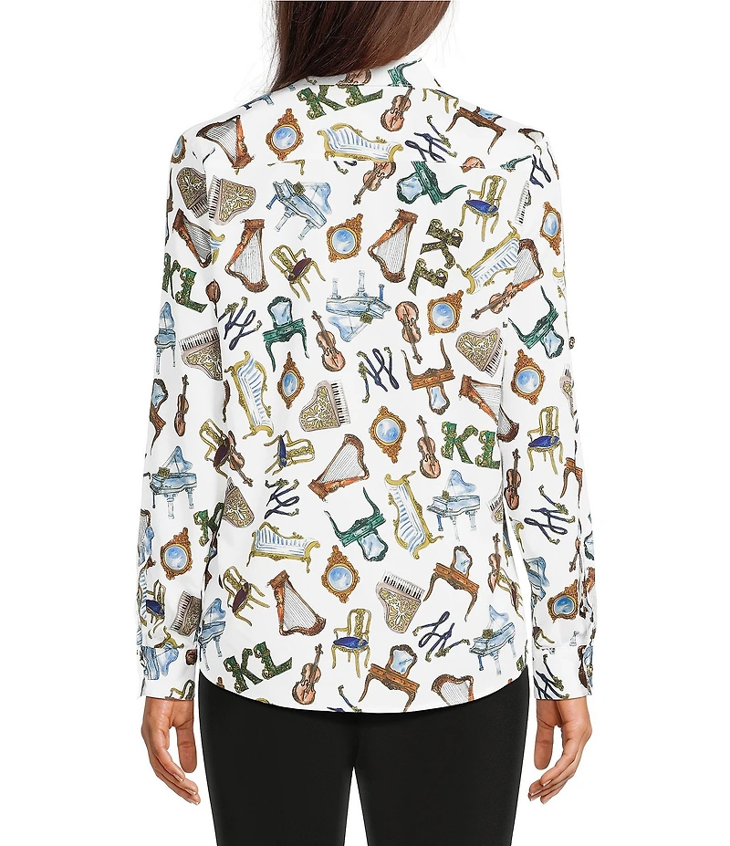 KARL LAGERFELD PARIS Woven Whimsy Printed Point Collar Long Sleeve Blouse