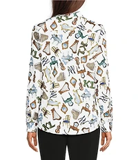 KARL LAGERFELD PARIS Woven Whimsy Printed Point Collar Long Sleeve Blouse