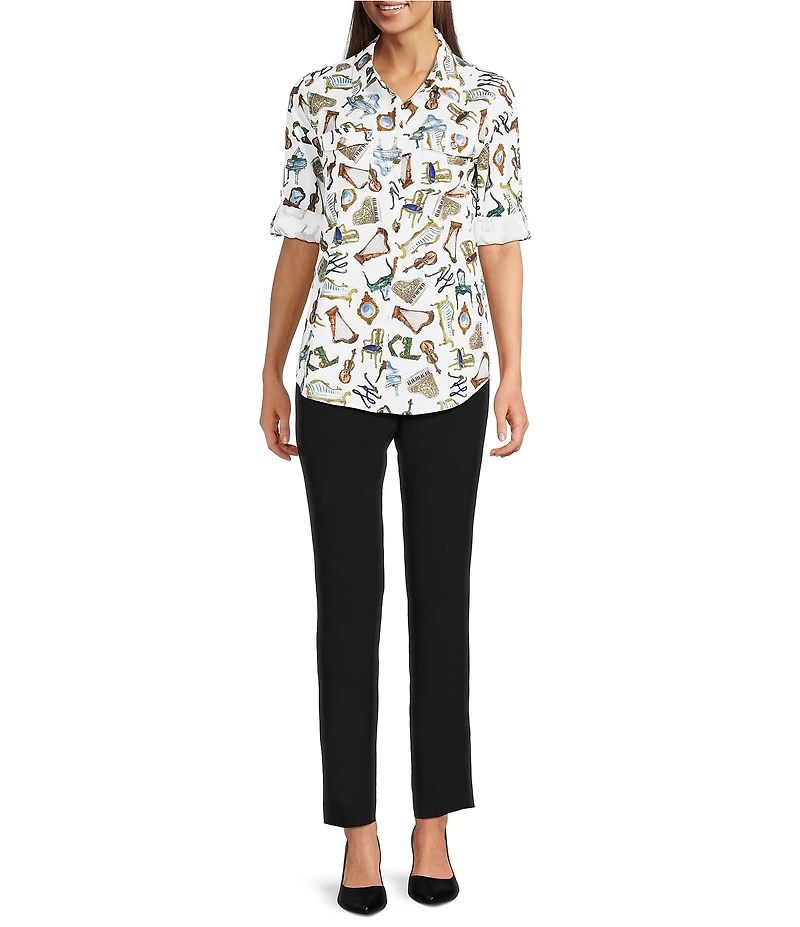 KARL LAGERFELD PARIS Woven Whimsy Printed Point Collar Long Sleeve Blouse
