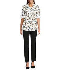 KARL LAGERFELD PARIS Woven Whimsy Printed Point Collar Long Sleeve Blouse