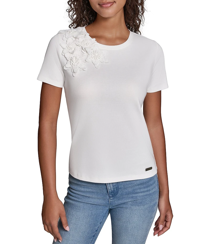 KARL LAGERFELD PARIS 3D Floral Embroidered Crew Neck Short Sleeve Tee Top