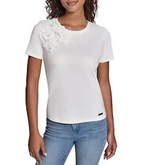 KARL LAGERFELD PARIS 3D Floral Embroidered Crew Neck Short Sleeve Tee Top
