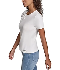 KARL LAGERFELD PARIS 3D Floral Embroidered Crew Neck Short Sleeve Tee Top