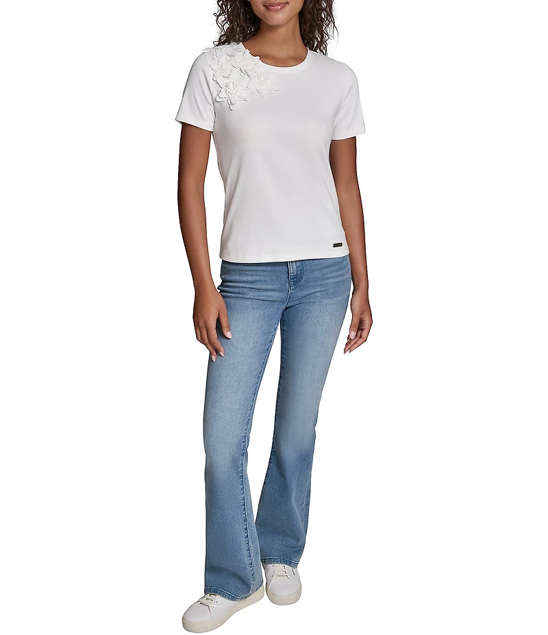 KARL LAGERFELD PARIS 3D Floral Embroidered Crew Neck Short Sleeve Tee Top