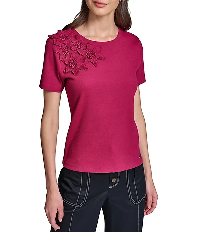 KARL LAGERFELD PARIS 3D Floral Embroidered Crew Neck Short Sleeve Tee Top
