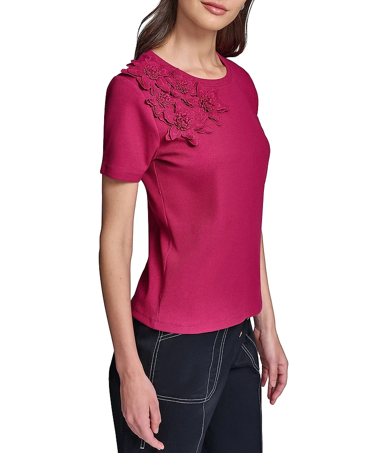 KARL LAGERFELD PARIS 3D Floral Embroidered Crew Neck Short Sleeve Tee Top